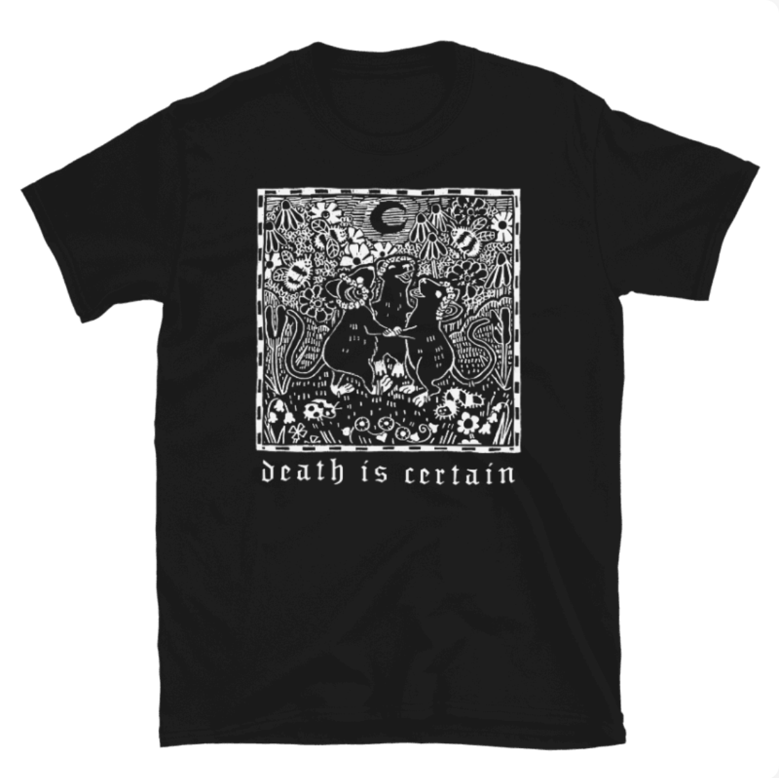 Death Is Certain Graphic T-Shirt β Mice & Floral Goth Design, Unisex Tee
