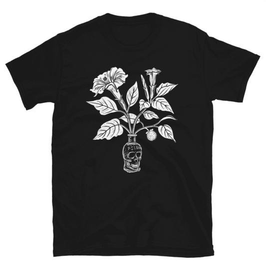 Datura & Poison Bottle Graphic T-Shirt – Green Witch & Moonflower Design, Unisex Tee