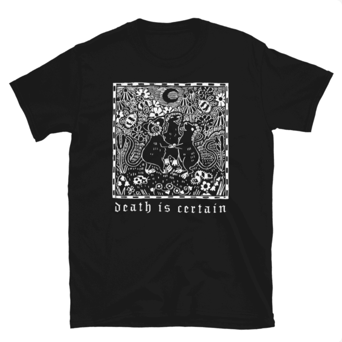 Death Is Certain Graphic T-Shirt – Mice & Floral Goth Design, Unisex Tee