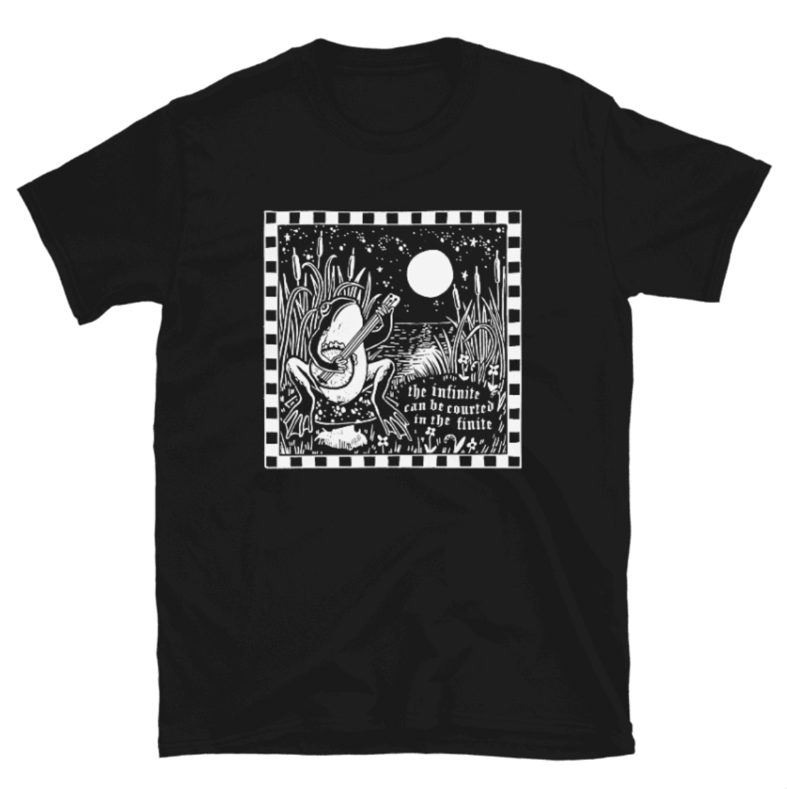 Infinite / Finite Graphic T-Shirt – Frog, Banjo, Mushroom & Moon Design, Unisex Tee