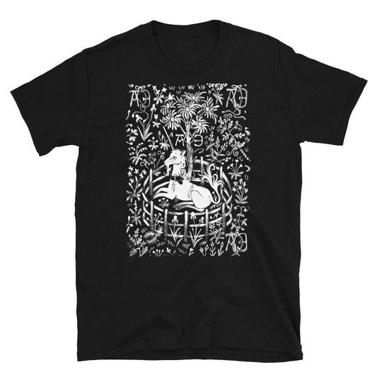 UNICORN IN CAPTIVITY tshirt - Unisex Short Sleeve Graphic Medieval Unicorn Tapestry Witchy Goth Floral T Shirt